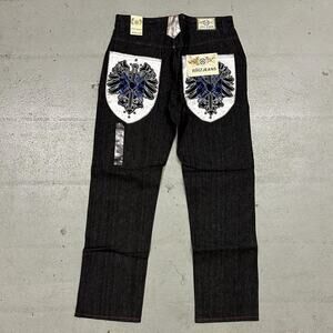 Vintage baggy y2k noiz black raw denim embroidered back pocket design denim